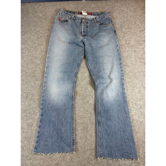 Vintage 90s Guess Denim Bootcut Jeans Mens 29x27 Blue Faded Distressed Hem - Picture 5 of 10